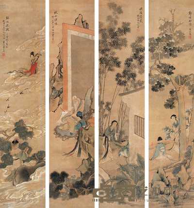 黄山寿 壬午（1882年）作 人物故事 四屏 113×25cm×4